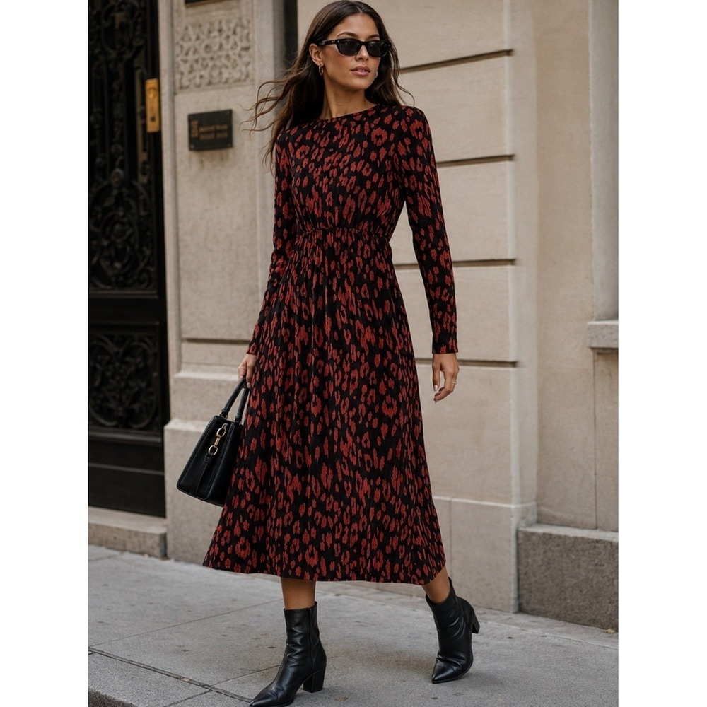 Zara Plisse Pleated MIDI Dress Red Animal Print Modest Whimsigoth Indie Sleaze S